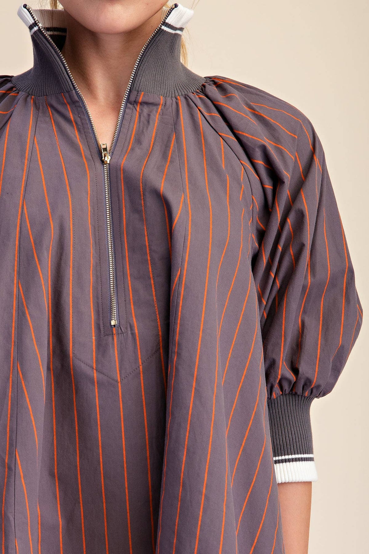 Mock Neck Band Puff Sleeve Stripe Blouse