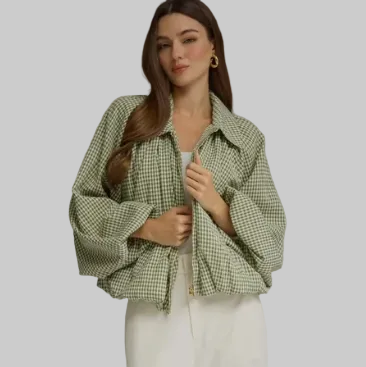 Gingham long balloon sleeve jacket.