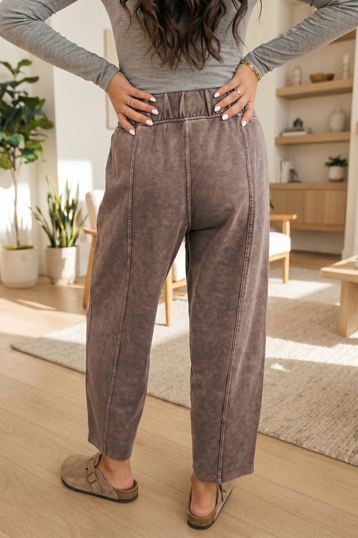 Coffee 100% Cotton Mineral Wash Seam Detail Elastic Waist Barrel Pants