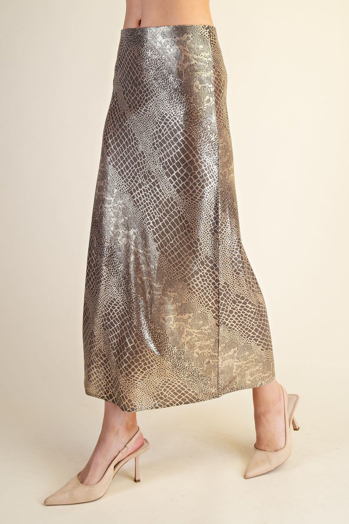 Metallic Animal Print Midi Skirt