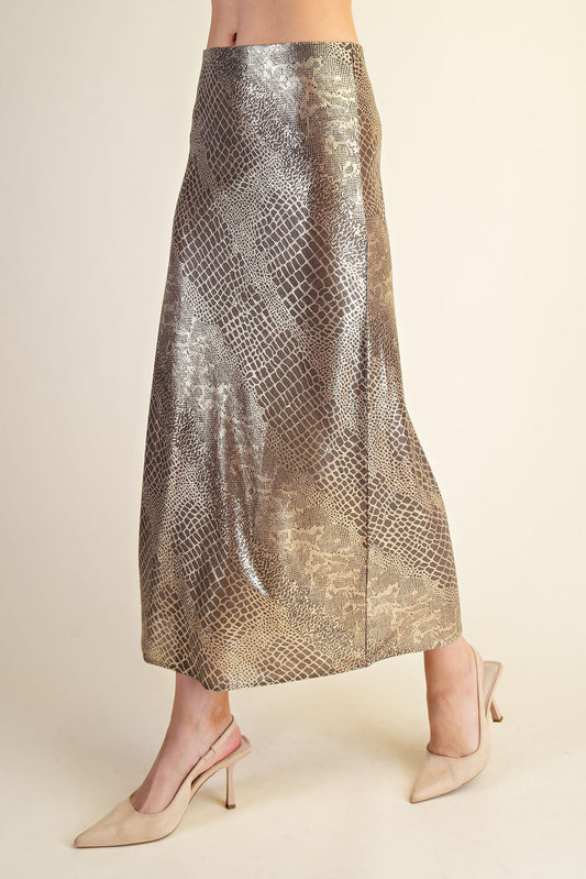 Metallic Animal Print Midi Skirt