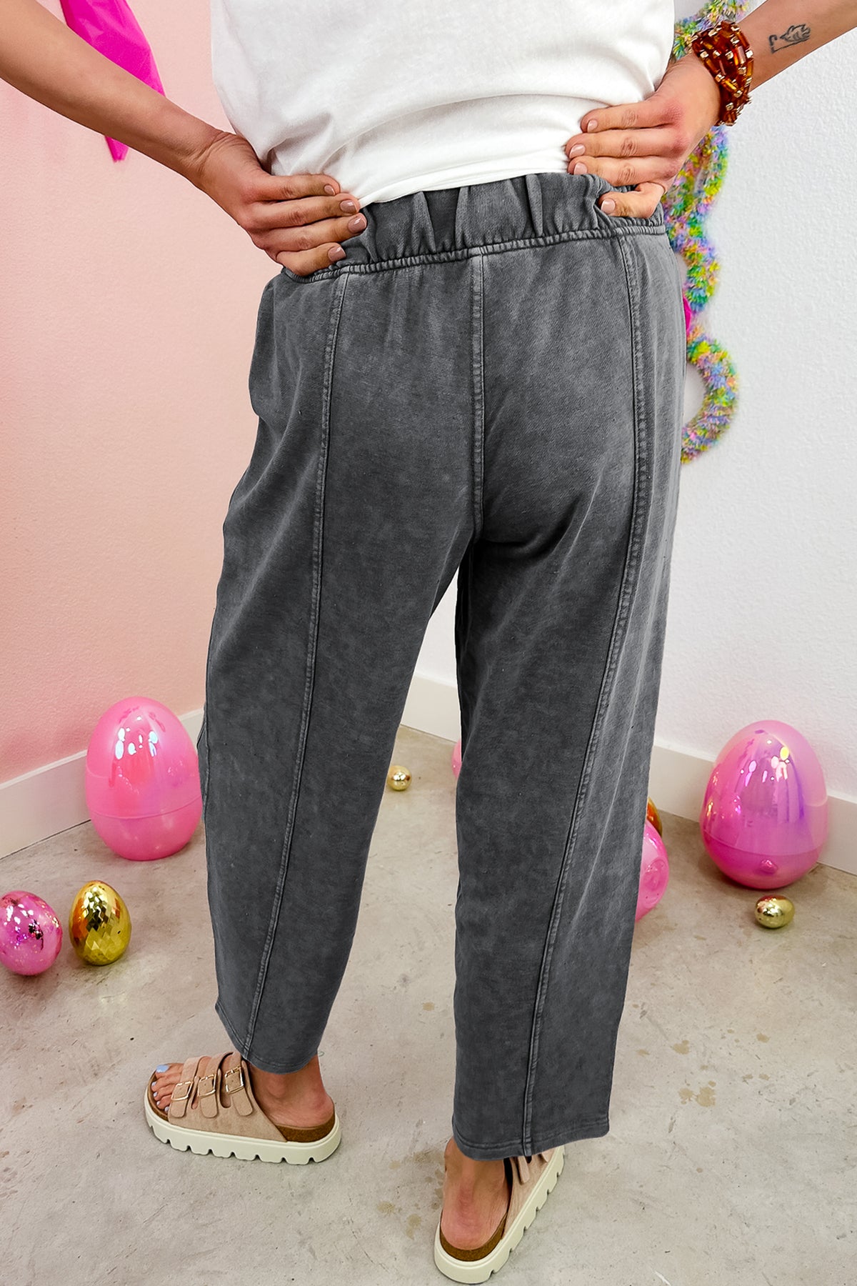 Coffee 100% Cotton Mineral Wash Seam Detail Elastic Waist Barrel Pants