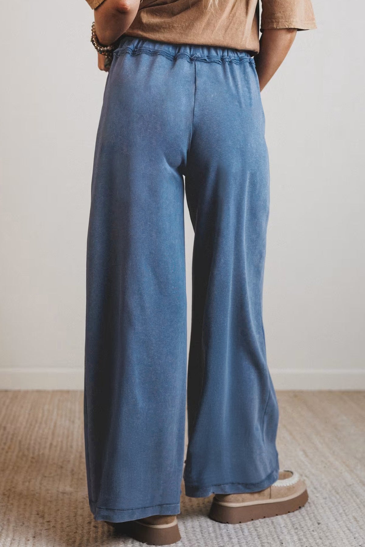 Smoke Gray 100% Cotton Mineral Wash Drawstring Retro High Waist Wide Leg Western Pants