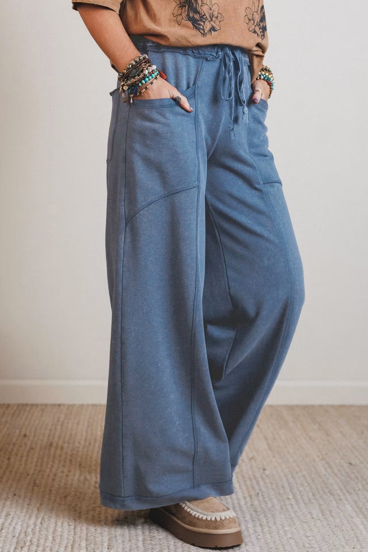 Smoke Gray 100% Cotton Mineral Wash Drawstring Retro High Waist Wide Leg Western Pants