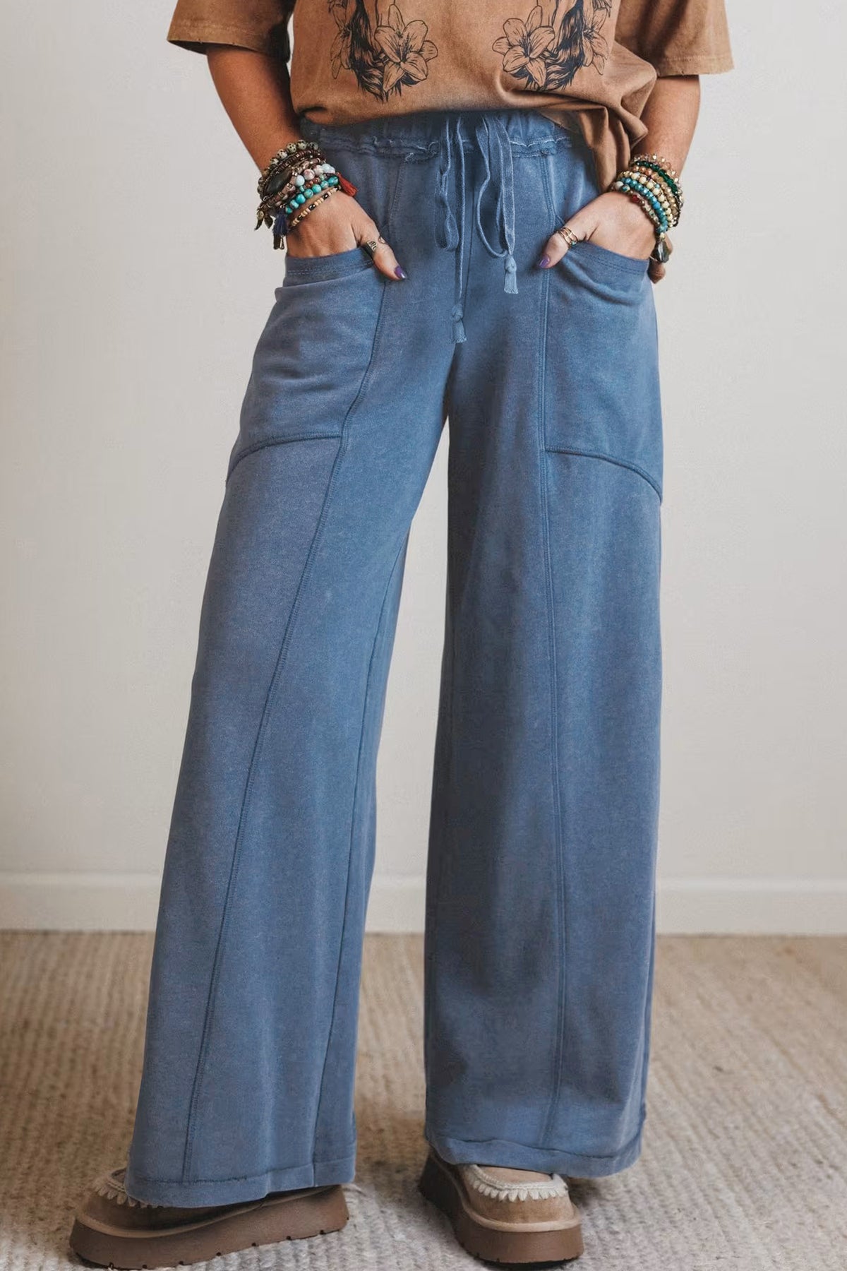 Smoke Gray 100% Cotton Mineral Wash Drawstring Retro High Waist Wide Leg Western Pants