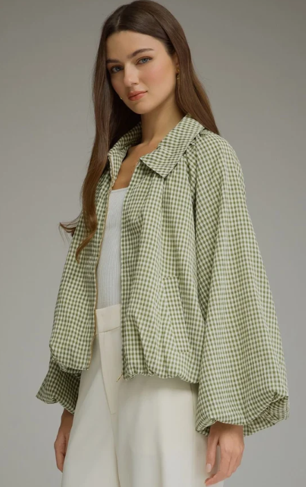 Gingham long balloon sleeve jacket.
