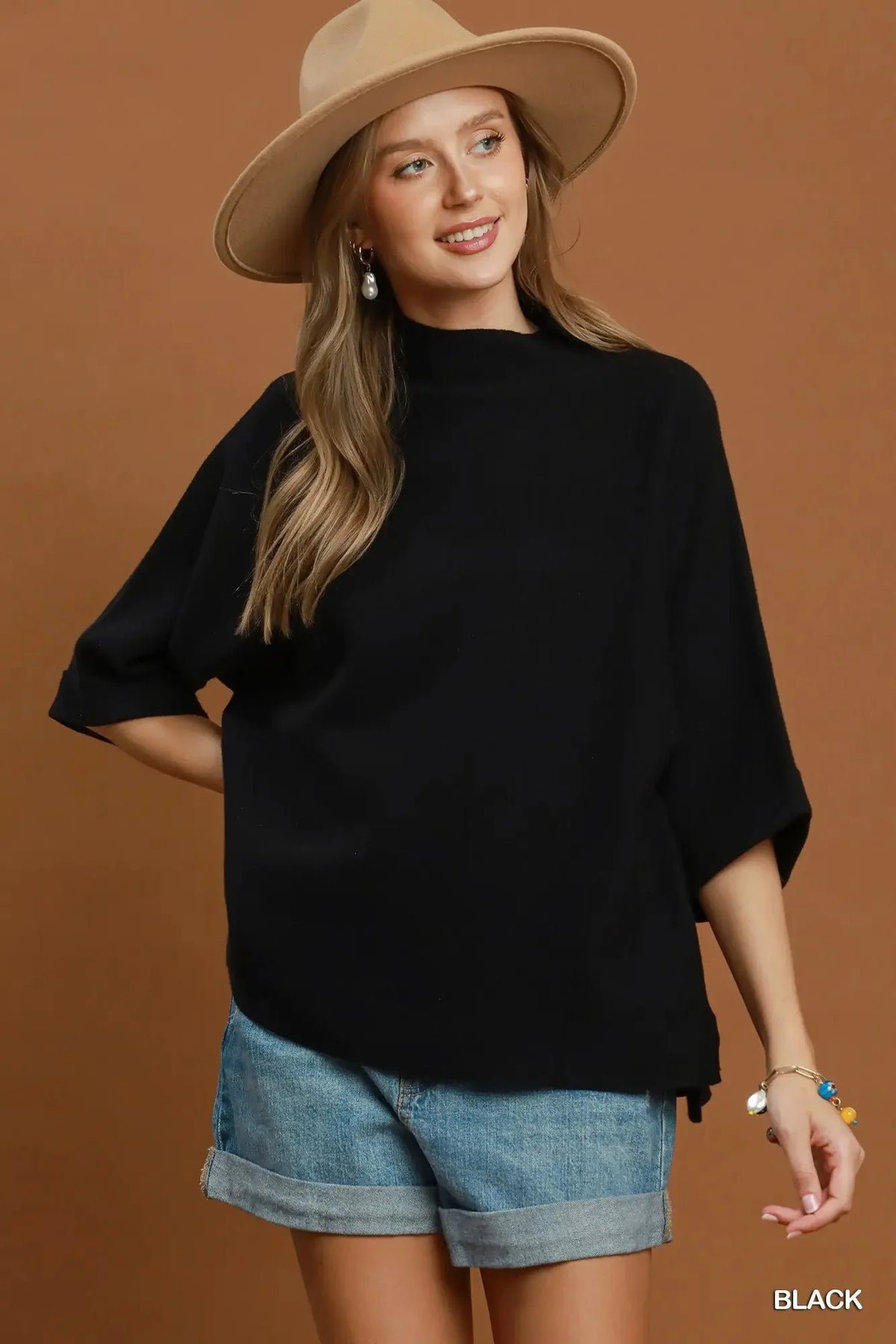 Mock Neck Dolman Sleeve Sweater Top in Black