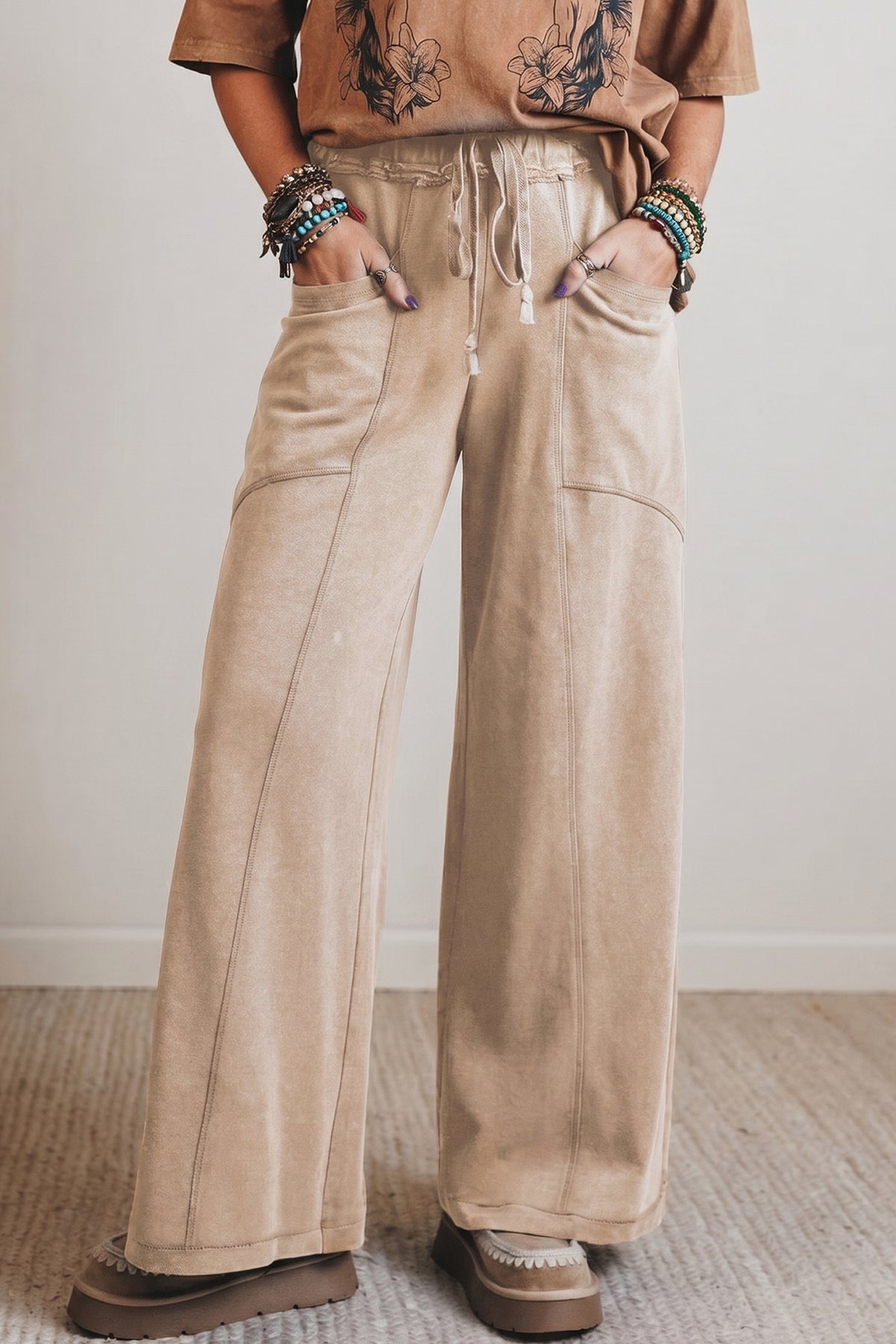 Smoke Gray 100% Cotton Mineral Wash Drawstring Retro High Waist Wide Leg Western Pants
