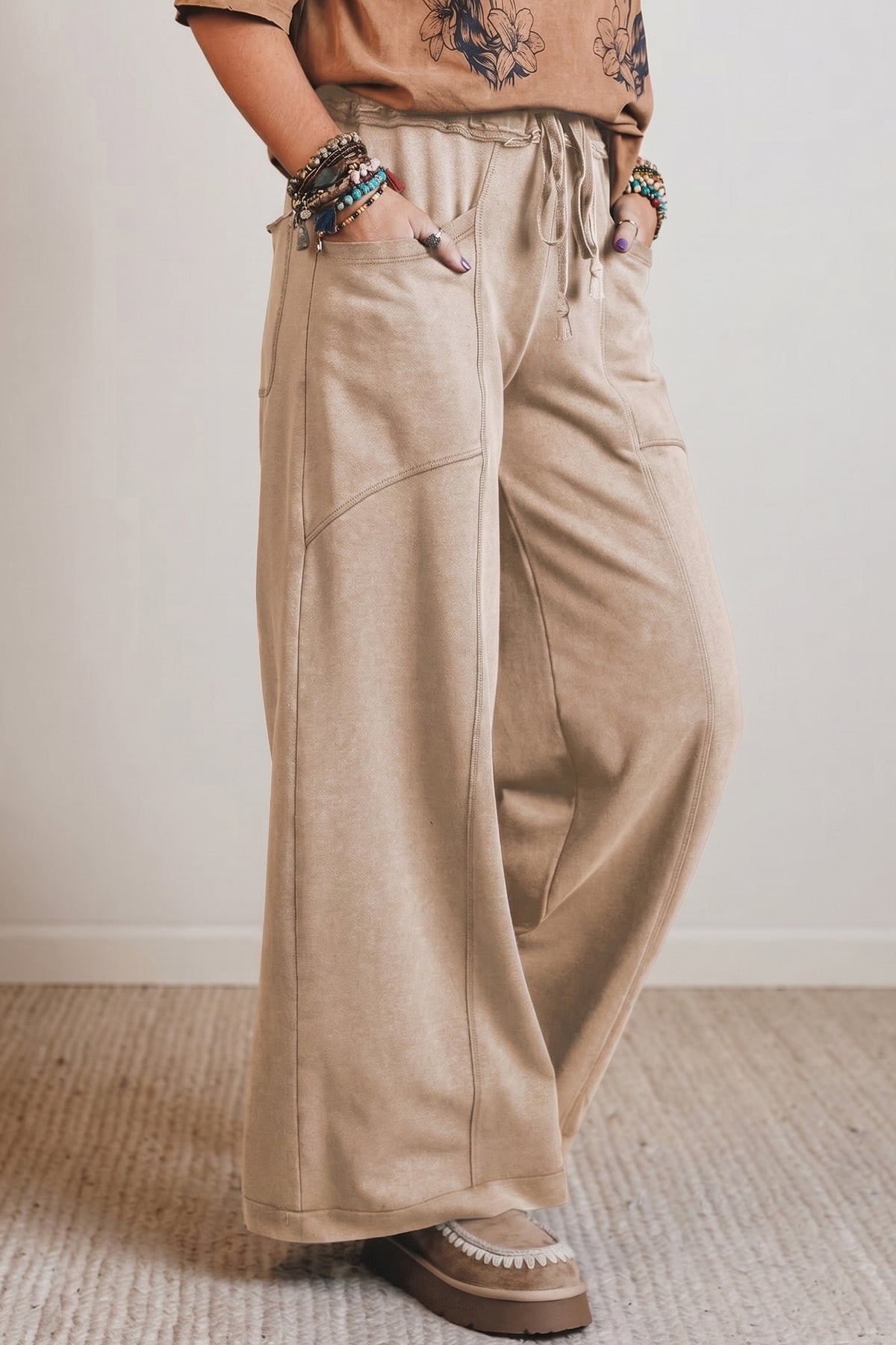 Smoke Gray 100% Cotton Mineral Wash Drawstring Retro High Waist Wide Leg Western Pants