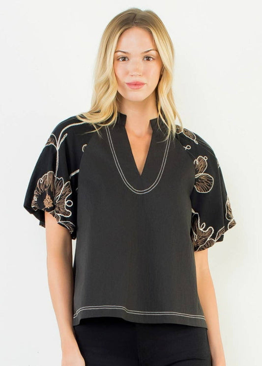 Puff Sleeve With Embroidery Detail Top