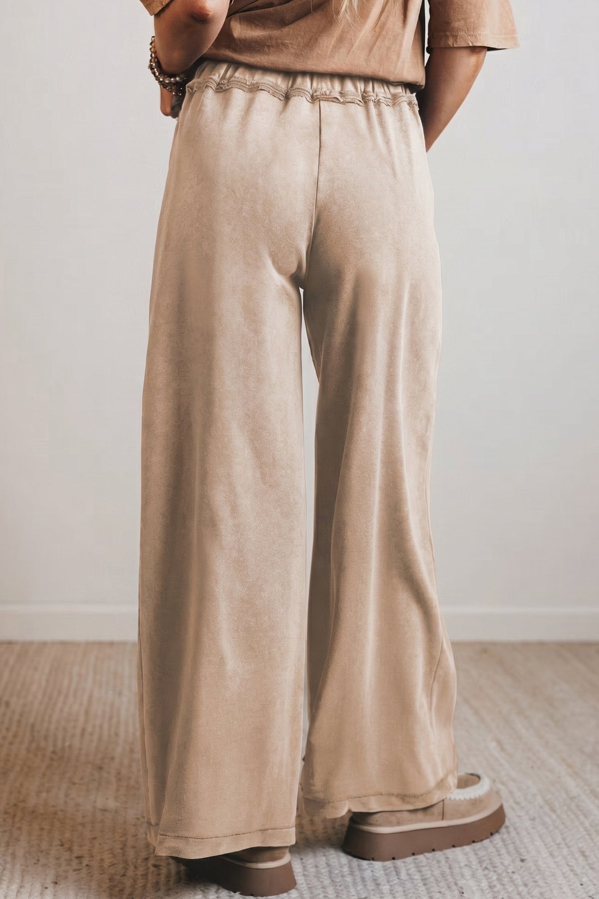 Smoke Gray 100% Cotton Mineral Wash Drawstring Retro High Waist Wide Leg Western Pants